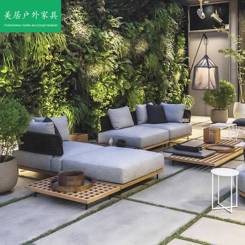 Outdoor courtyard rattan makes up sofa teak tea table leisure chair sample furniture 2