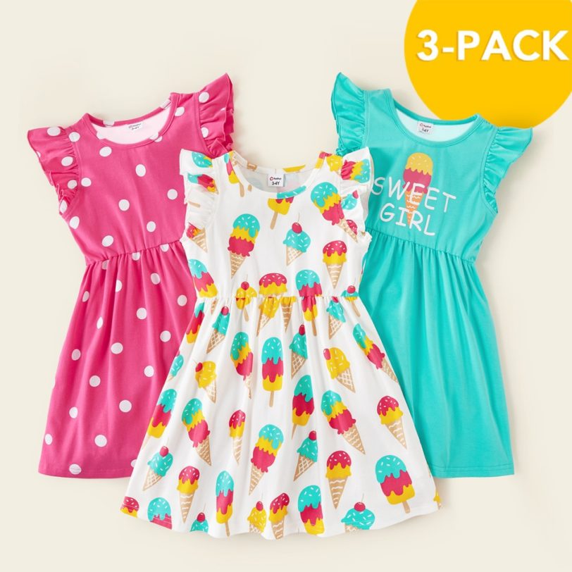 PatPat 2021 Summer 3-Pack Girls Dresses Toddler Ice Cream Polka Dots Children's Clothing New Arrival 3-6Y - Image 2