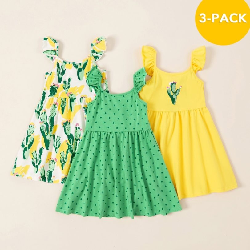 PatPat New Arrival Summer 3-piece Toddler Girl Cactus Polka Dots Print Dresses Children's Clothing - Image 2