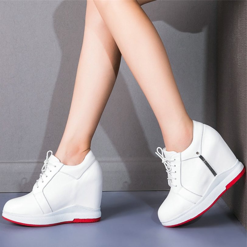Plus Size Lace Up Creepers Women Genuine Leather Platform Wedges High Heel Pumps Female Round Toe