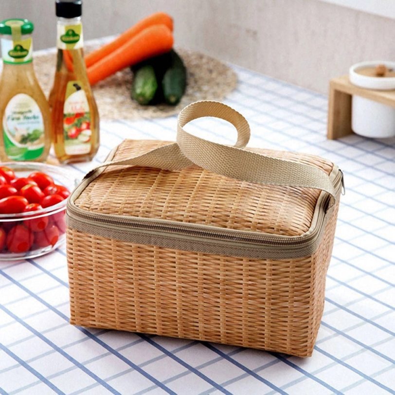 Portable Wicker Rattan Picnic Bag Waterproof Tableware Insulated Thermal Cooler Food Container Basket for Outdoor Camping Hiking - Image 3