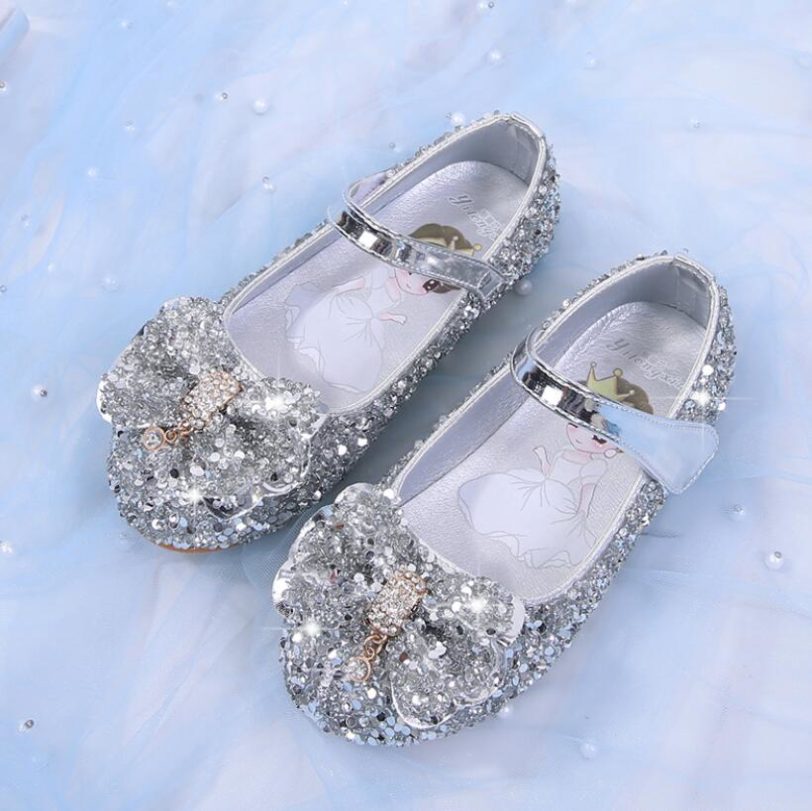 Princess Kids Leather Shoes For Girls Casual Glitter Shoes Children Dance Shoes Butterfly Knot Blue Pink Silver Performance Shoe - Image 2