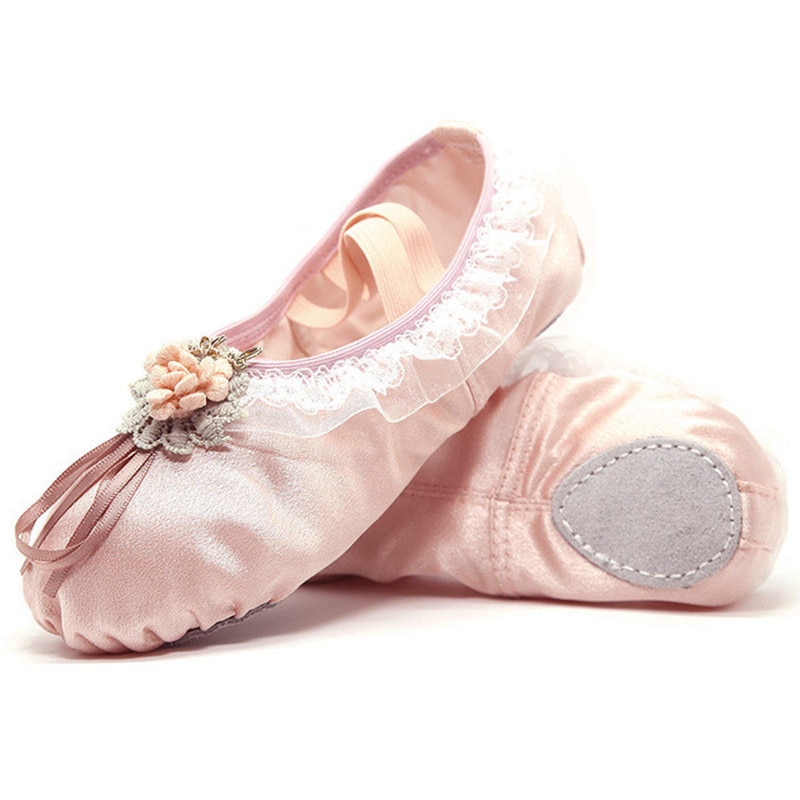 Professional Satin Ballet Dance Shoes Flower Girls Children Soft Sole Flats for Dancing 2