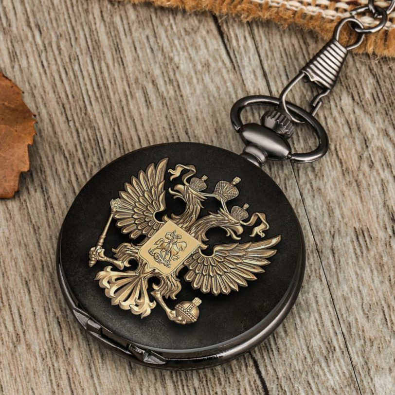 Retro Black Quartz Pocket Watch Alloy Case Pocket Watch Male Personality Double-headed Eagle Pattern Thick Chain Pendant Watches - Image 2