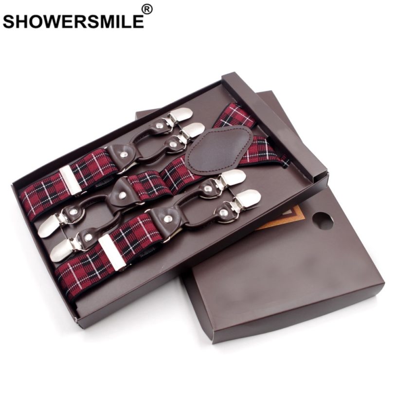 SHOWERSMILE Mens Trouser Braces British Red Plaid Suspenders 6 Clips Jacquard Business Formal Elastic Leather Male Pants Strap - Image 3