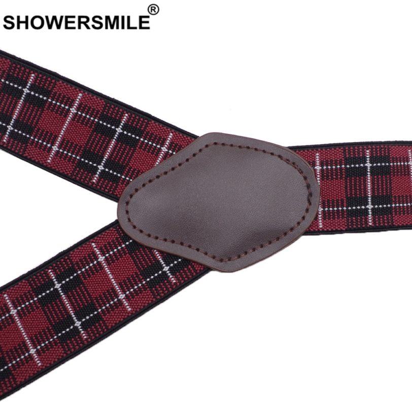 SHOWERSMILE Mens Trouser Braces British Red Plaid Suspenders 6 Clips Jacquard Business Formal Elastic Leather Male Pants Strap - Image 5