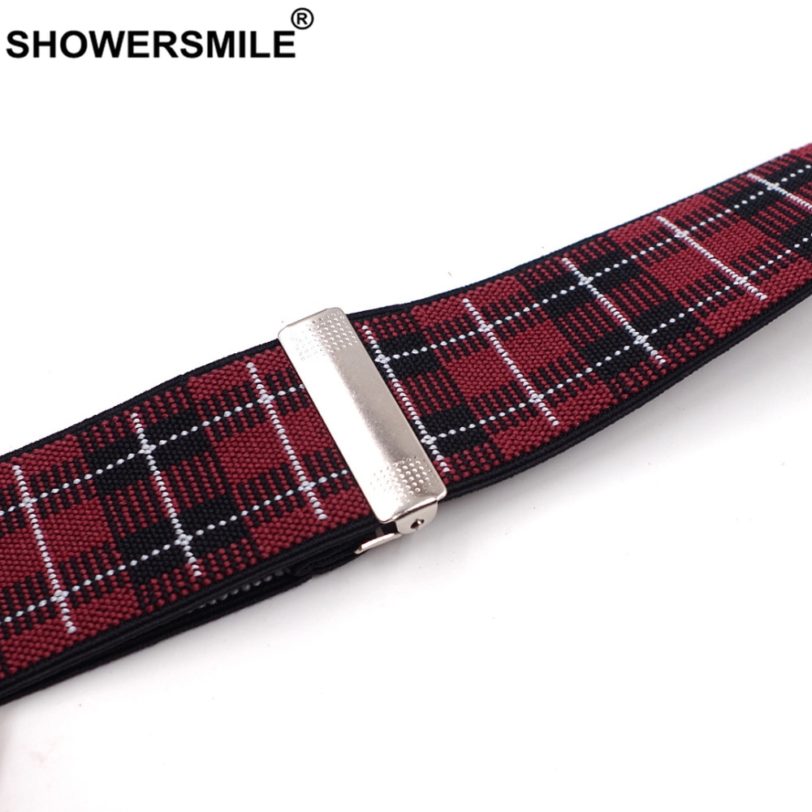 SHOWERSMILE Mens Trouser Braces British Red Plaid Suspenders 6 Clips Jacquard Business Formal Elastic Leather Male Pants Strap - Image 6