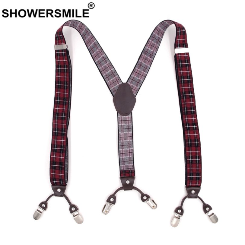 SHOWERSMILE Mens Trouser Braces British Red Plaid Suspenders 6 Clips Jacquard Business Formal Elastic Leather Male Pants Strap - Image 2