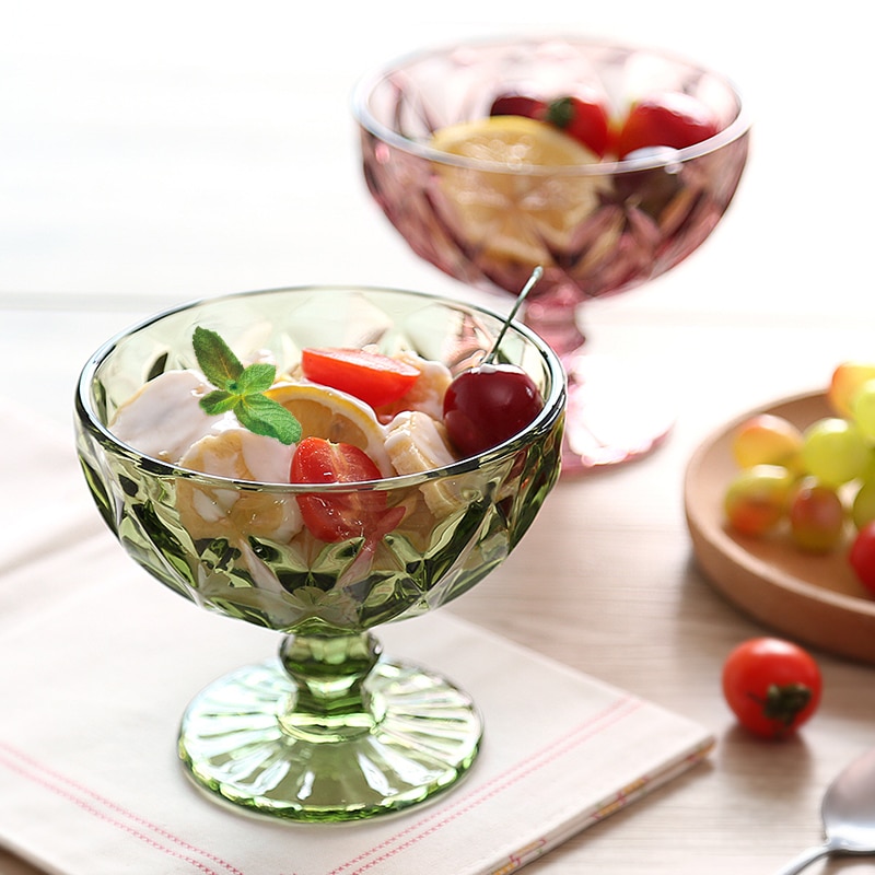 Salad Bowl Glass for Dessert Mill Shake Goblet Glass Embossed Ice Cream Cup European Creative Salad 1