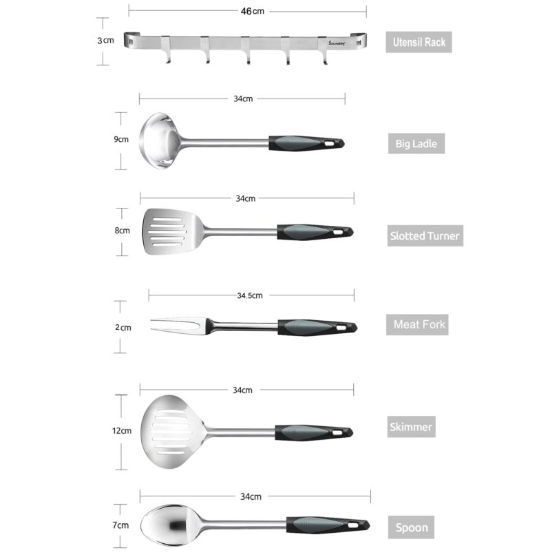 Seacreating Stainless Steel Kitchen Utensil Cookware Set of 6PCS with Kitchen Rail Bar Skimmer Meat Fork Ladle Spatula Spoon - Image 2