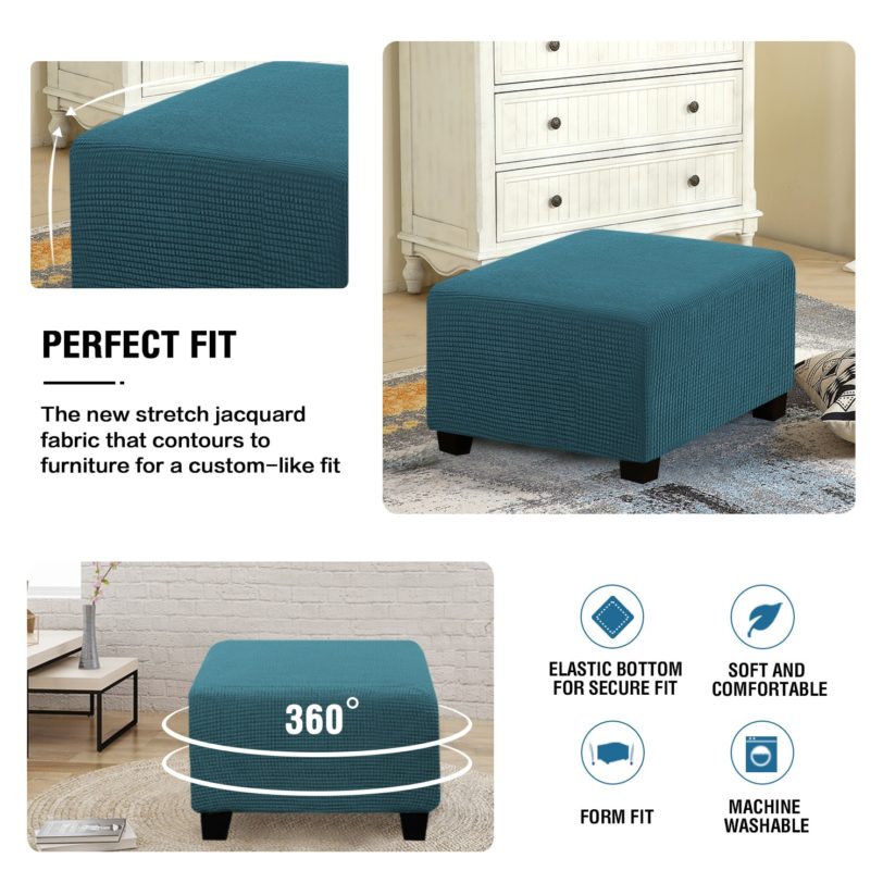 Square Ottoman Slipcover Stool Cover Furniture Protector Covers Elastic Jacquard Footstool Sofa Slipcover Chair Cover Removable - Image 4