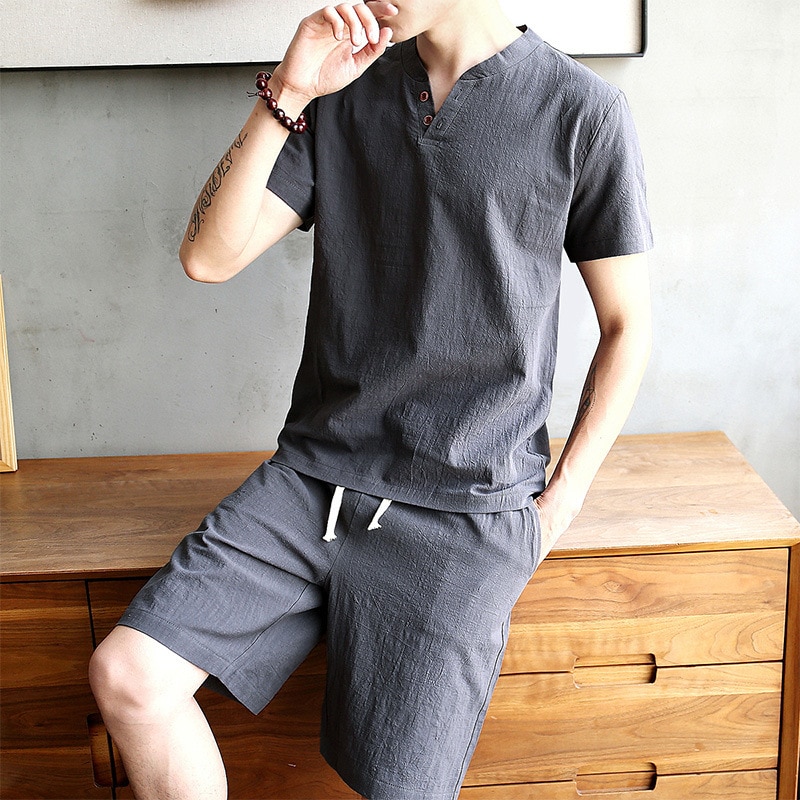 Summer New Men s T Shirt Two Piece Cotton and Linen Solid Color V Neck Thin 1