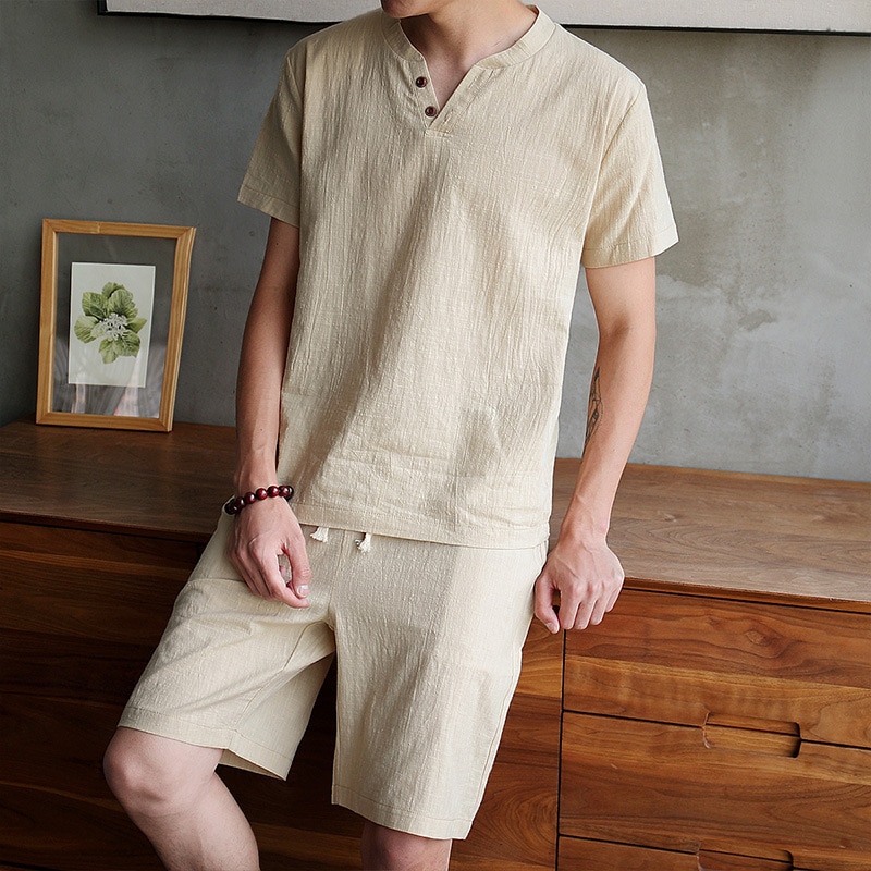 Summer New Men s T Shirt Two Piece Cotton and Linen Solid Color V Neck Thin 2