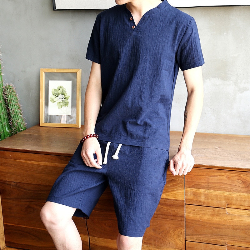 Summer New Men s T Shirt Two Piece Cotton and Linen Solid Color V Neck Thin