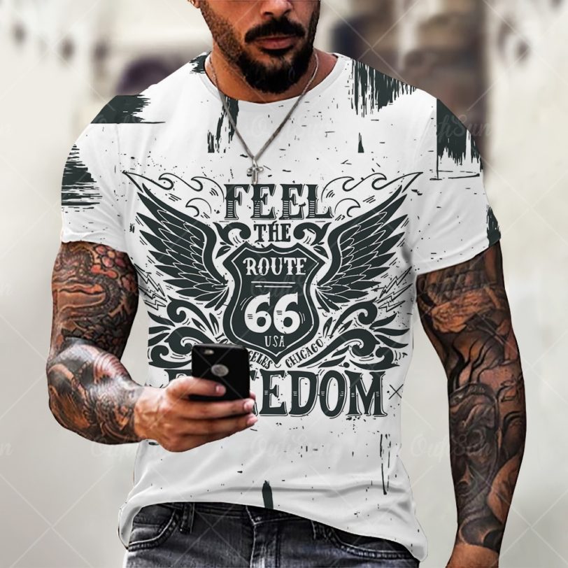 Summer New Mens T Shirts Oversized Loose Clothes Vintage Short Sleeve Fashion America Route 66 Letters Printed O Collared Tshirt - Image 3