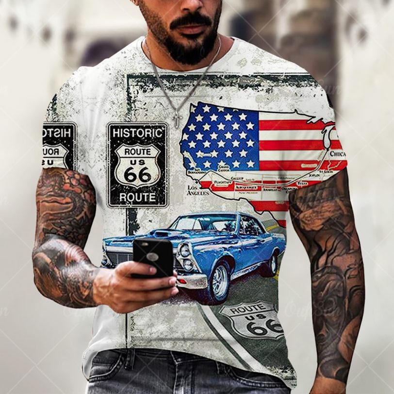 Summer New Mens T Shirts Oversized Loose Clothes Vintage Short Sleeve Fashion America Route 66 Letters Printed O Collared Tshirt - Image 6