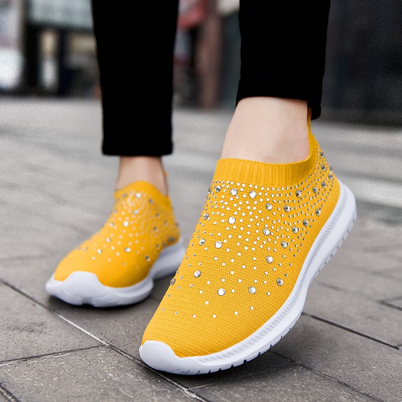 Summer Sneakers Women Flat Shoes Crystal Fashion Bling Sneakers Casual Slip On Sock Trainers Ladies Vulcanize 1