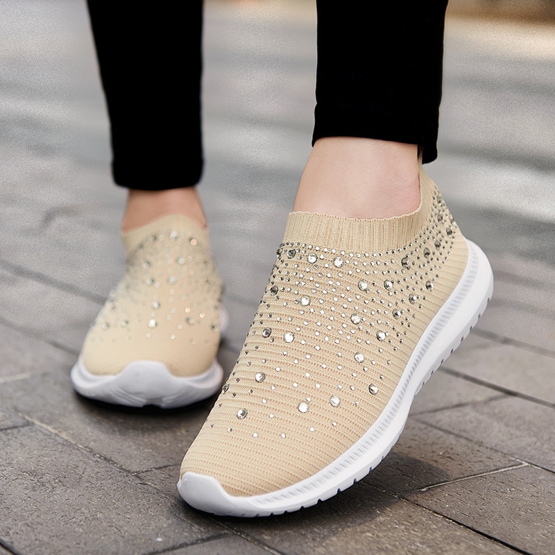 Summer Sneakers Women Flat Shoes Crystal Fashion Bling Sneakers Casual Slip On Sock Trainers Ladies Vulcanize 2