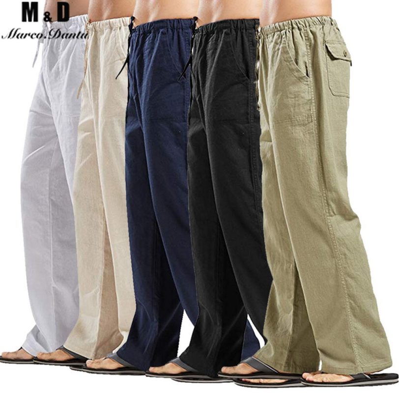 Summer Solid Color Linen Trousers For Men Straight Casual Pants Plus Large Size Breathable Comfortable Drawstring Loose Trousers - Image 2