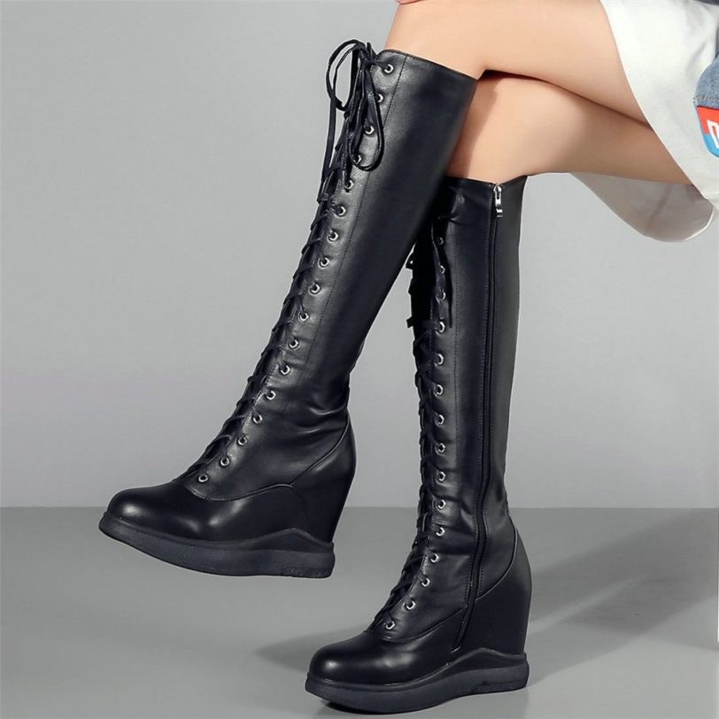 Thigh High Fashion Sneakers Women Cow Leather Wedges High Heel Pumps Shoe Female Lace Up Knee High Motorcycle Boots Casual Shoes - Image 2