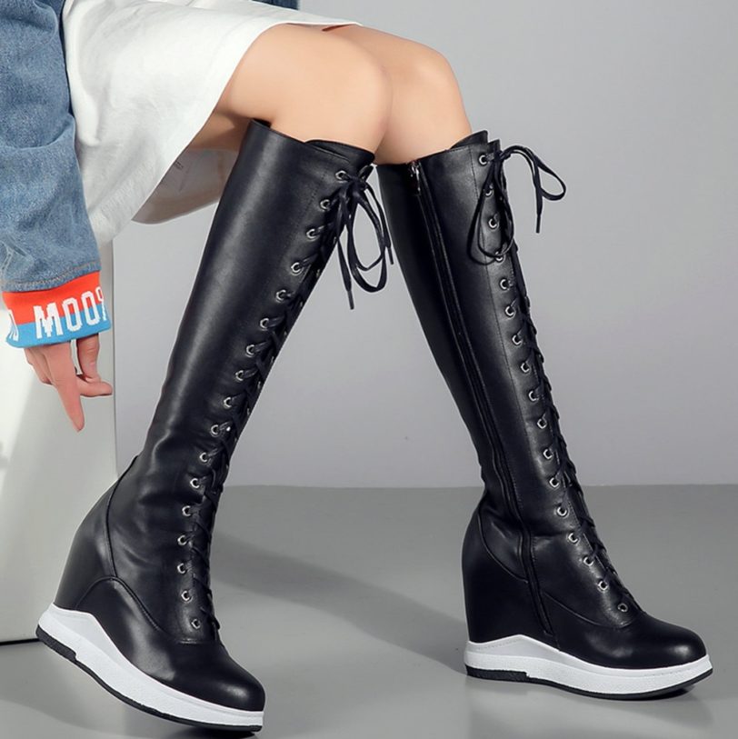 Thigh High Fashion Sneakers Women Cow Leather Wedges High Heel Pumps Shoe Female Lace Up Knee High Motorcycle Boots Casual Shoes - Image 3