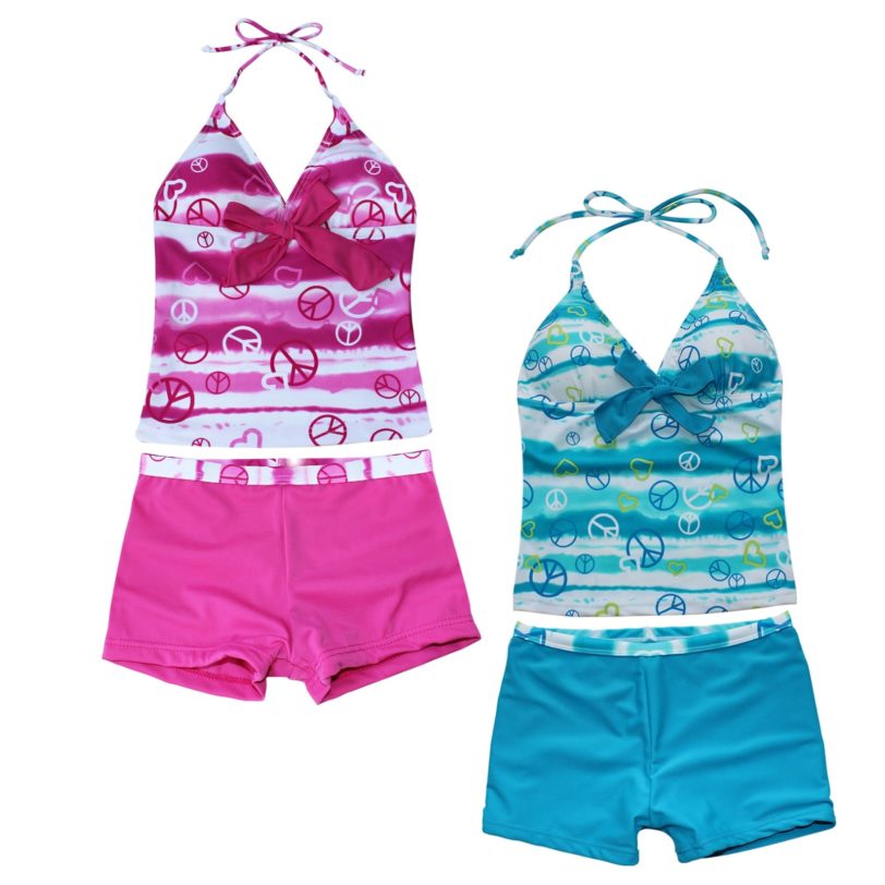 TiaoBug Kids Teens Hot Pink Blue Heart Print Swimsuit Children Girls Halter Top Shorts Tankini Bikini