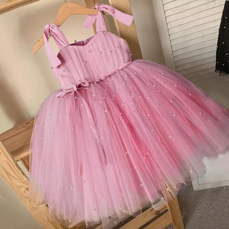 Toddler Girls Tulle Dress Kids Baby Elegant Princess Pearls Wedding Tutu Prom Children Formal Party Clothes 1