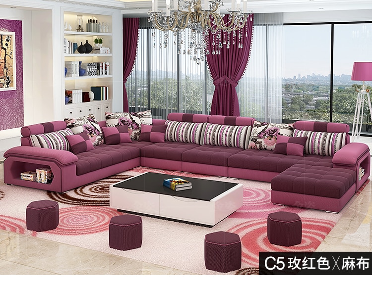 Velvet hanf linen hemp fabric sectional sofas Living Room Sofa set furniture alon couch puff asiento 6