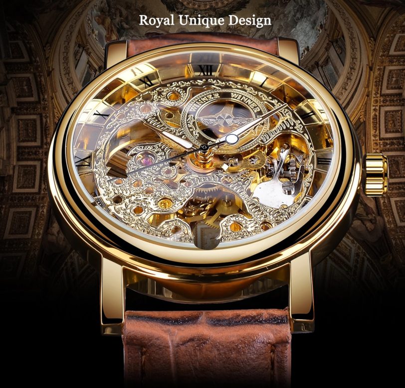 Winner Transparent Golden Case Luxury Casual Design Brown Leather Strap Mens Watches Top Brand Luxury Mechanical Skeleton Watch - Image 2