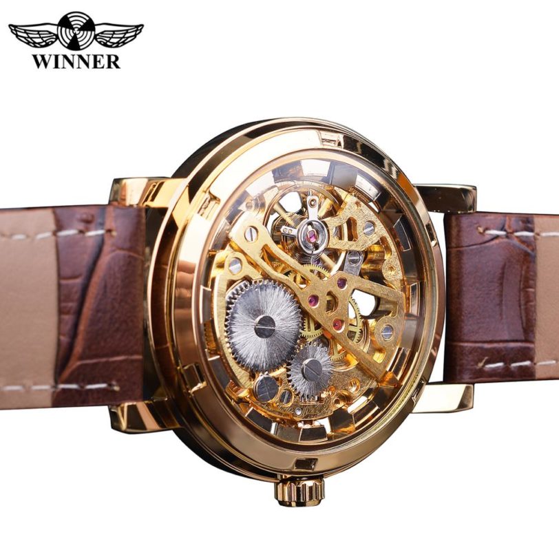 Winner Transparent Golden Case Luxury Casual Design Brown Leather Strap Mens Watches Top Brand Luxury Mechanical Skeleton Watch - Image 4