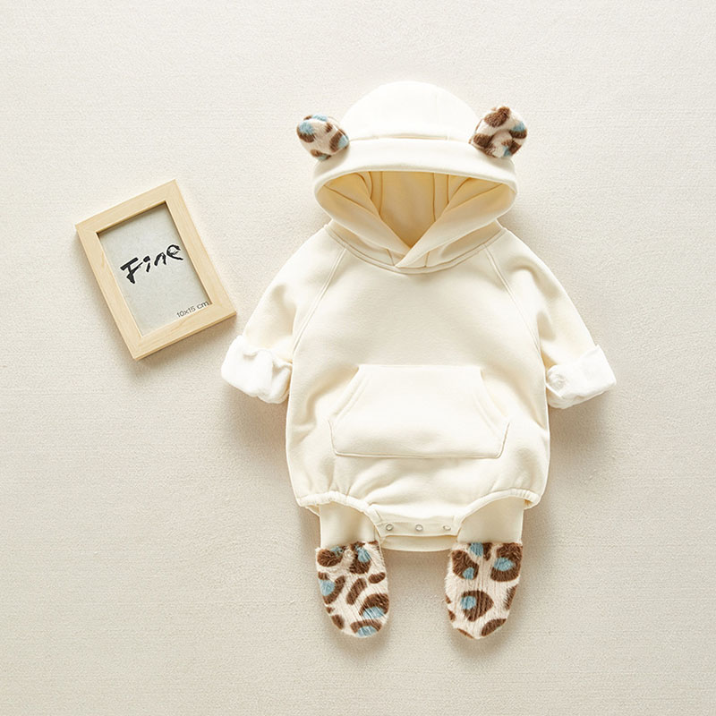 Winter Baby Girl Bodysuits 0 2Yrs Baby Plush Ears Baby Newborn Clothes Hooded Bodysuit Climbing Clothes 2