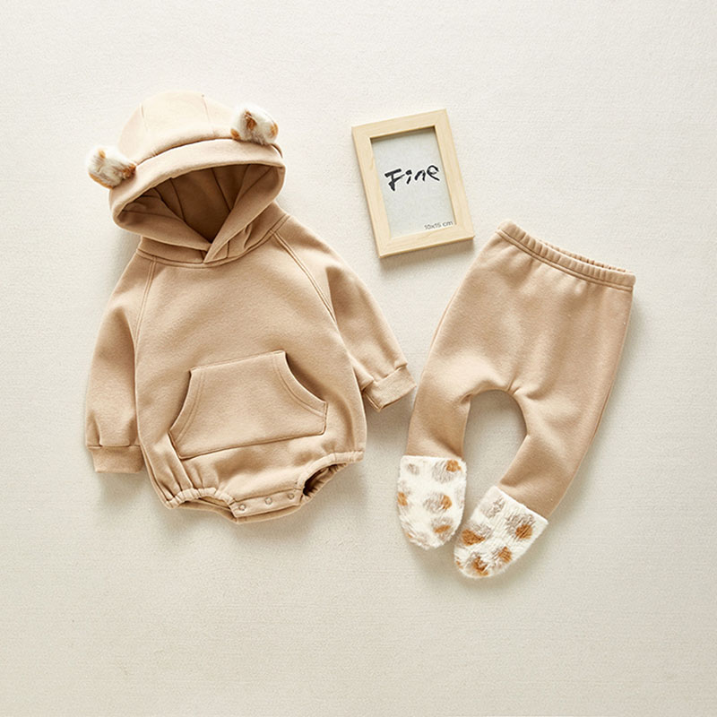 Winter Baby Girl Bodysuits 0 2Yrs Baby Plush Ears Baby Newborn Clothes Hooded Bodysuit Climbing Clothes 3