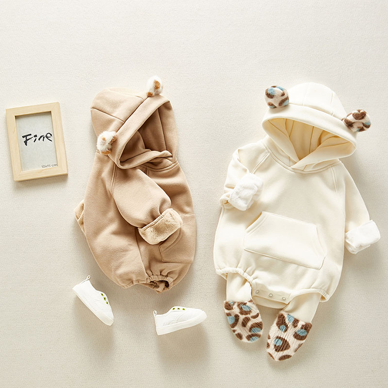 Winter Baby Girl Bodysuits 0 2Yrs Baby Plush Ears Baby Newborn Clothes Hooded Bodysuit Climbing Clothes