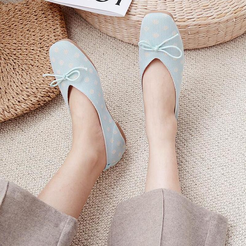 Women Slip On Flat Loafers Polka Dot Knot Square Toe Shallow Ballet Flats Shoes knitting Casual 1