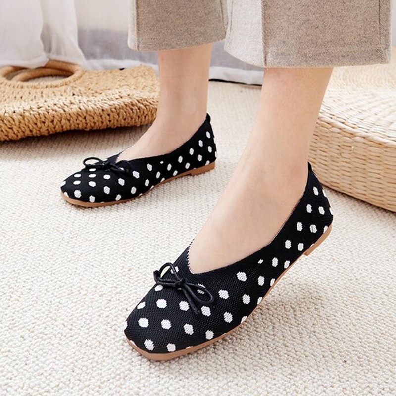 Women Slip On Flat Loafers Polka Dot Knot Square Toe Shallow Ballet Flats Shoes knitting Casual 3