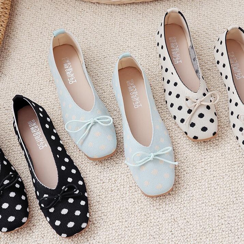 Women Slip On Flat Loafers Polka Dot Knot Square Toe Shallow Ballet Flats Shoes knitting Casual