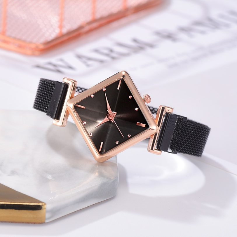 Women Watches Set Fashion Square Ladies Quartz Watch Bracelet Set Red Black Dial Simple Rose Gold Mesh Luxury Women Watches - Image 3