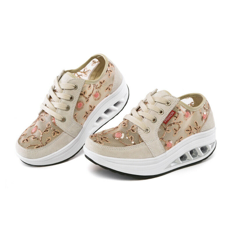 Womens Floral Fitness Walking Shape Ups Shoes Breathable Wedge Sneakers Sports L