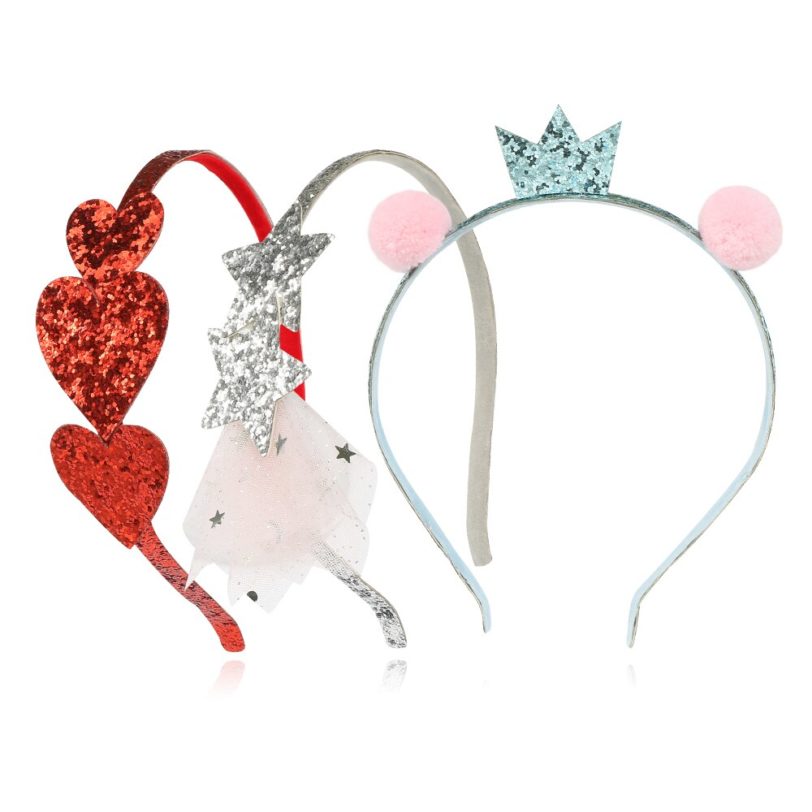 1 PC Glitter Red Heart Shape Headband Silver Star Hair Band Crown Tiaras Pompom Headwear For Princess Girls Cute Hair Accessory - Image 2