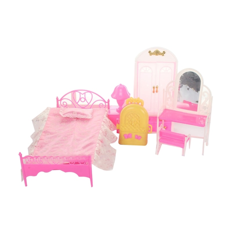 1Set Girls Toy Gift for Kid Toddler Dollhouse Furniture Set with Model Bed Bedside Table Dresser