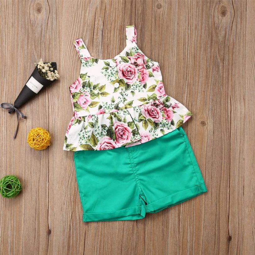 2020 Baby Summer Clothing 1-6y Floral Newborn Baby Girl 2pcs Clothes Vest Tops Shorts Pants Outfits Set - Image 2