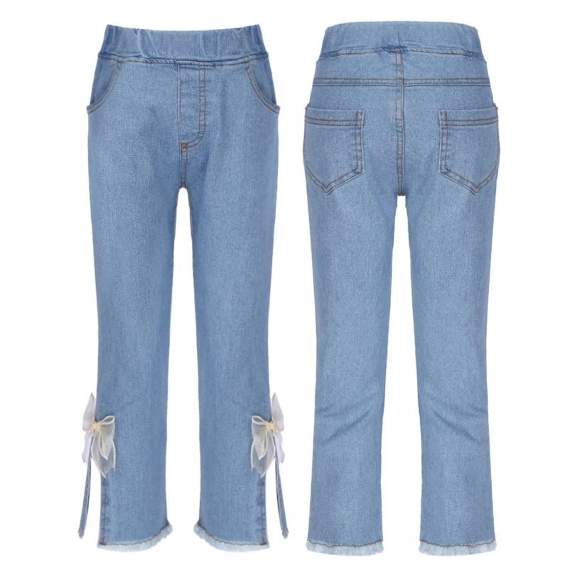 2021 Autumn Kids Girls Fashion Denim Pants Kids Jeans Elastic WaistTrousers Kids Sweet Mesh Bowknot Jeans