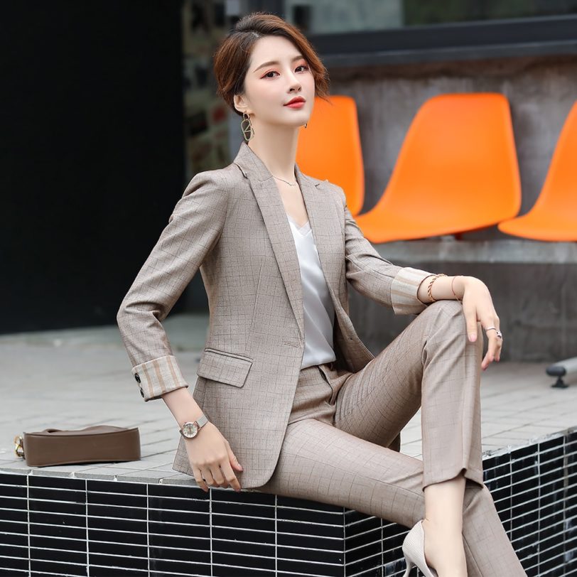 2021 Latest Black Yellow Coffee Gray Plaid Women Pant Suit Ladies Jacket Blazer And Trousers 2 Piece Set - Image 5