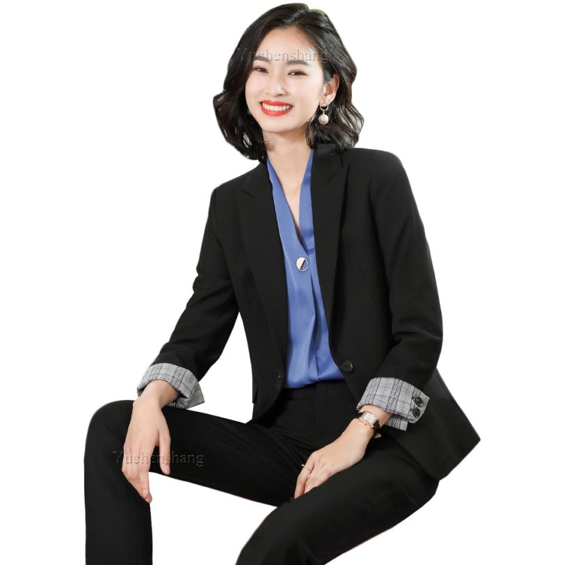 2021 Latest Black Yellow Coffee Gray Plaid Women Pant Suit Ladies Jacket Blazer And Trousers 2 Piece Set - Image 2