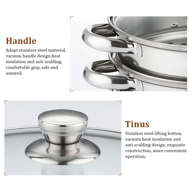 28cm Large Home With Handles Dual Use Kitchen Insulated Visual Cover Stainless Steel 3 Tier Steamer Pot Food Maker Cookware - Image 2