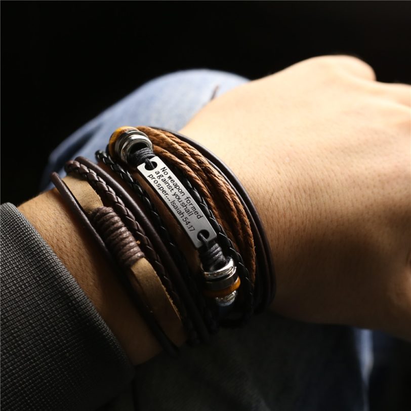 3 Pcs/Set Leather Bracelets Men Bangles For Women Wood Beads Feather TRUST IN GOD Cross Charm Homme Gift Jewelry Freely Shipping - Image 6