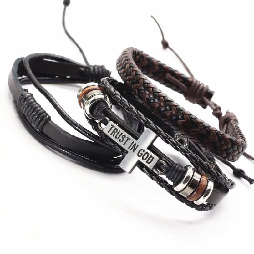 3 Pcs/Set Leather Bracelets Men Bangles For Women Wood Beads Feather TRUST IN GOD Cross Charm Homme Gift Jewelry Freely Shipping - Image 2