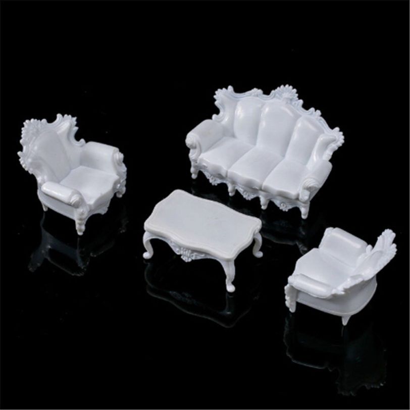 4pcs Dolls Acce White DIY 1/25 Dollhouse Miniature Living Room Antique Sofa Set Tea Table Settee Model for Kids Gift Classic Toy - Image 2