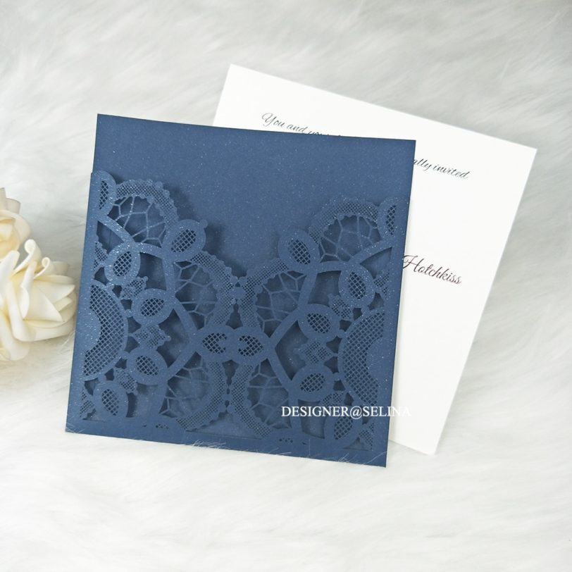 50 Navy Blue Laser Cut Wedding Invitations with Rhinestone & Envelope DIY Editable Engagement Party Invation Lace Greeting Cards - Image 3