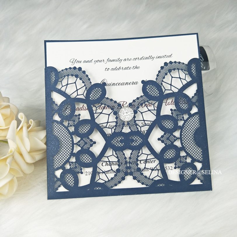 50 Navy Blue Laser Cut Wedding Invitations with Rhinestone & Envelope DIY Editable Engagement Party Invation Lace Greeting Cards - Image 6